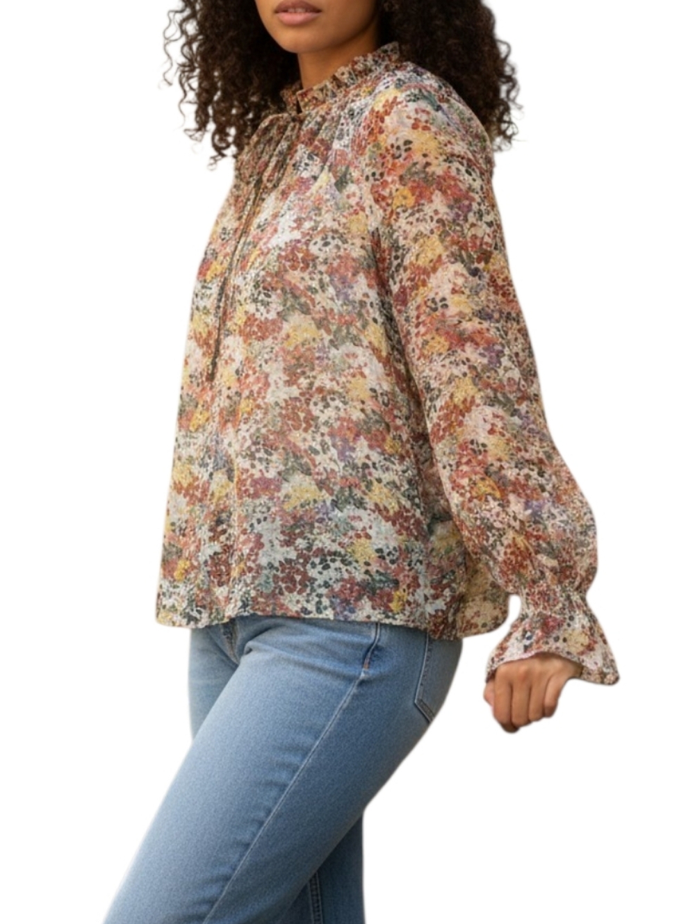 Entro Floral Print Cottage Core Ruffle Neck Peasant Blouse